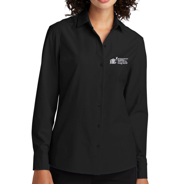Save the Songbirds Embroidered Logo - Women's Long Sleeve Stretch Woven Shirt Thumbnail