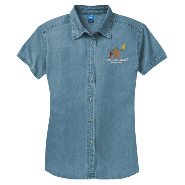 WBU Full Color Embroidered - Ladies Short Sleeve Value Denim Shirt Thumbnail